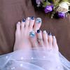 24Pcs Short Square Toenails Press On Glitter Blue Diamond False Toe Nails With Glue Removable Toenails For Women