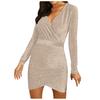 Women's Solid Color Long-sleeved Cross V-neck Sexy Bag Hip Slim Shiny Evening Knee-length Dress