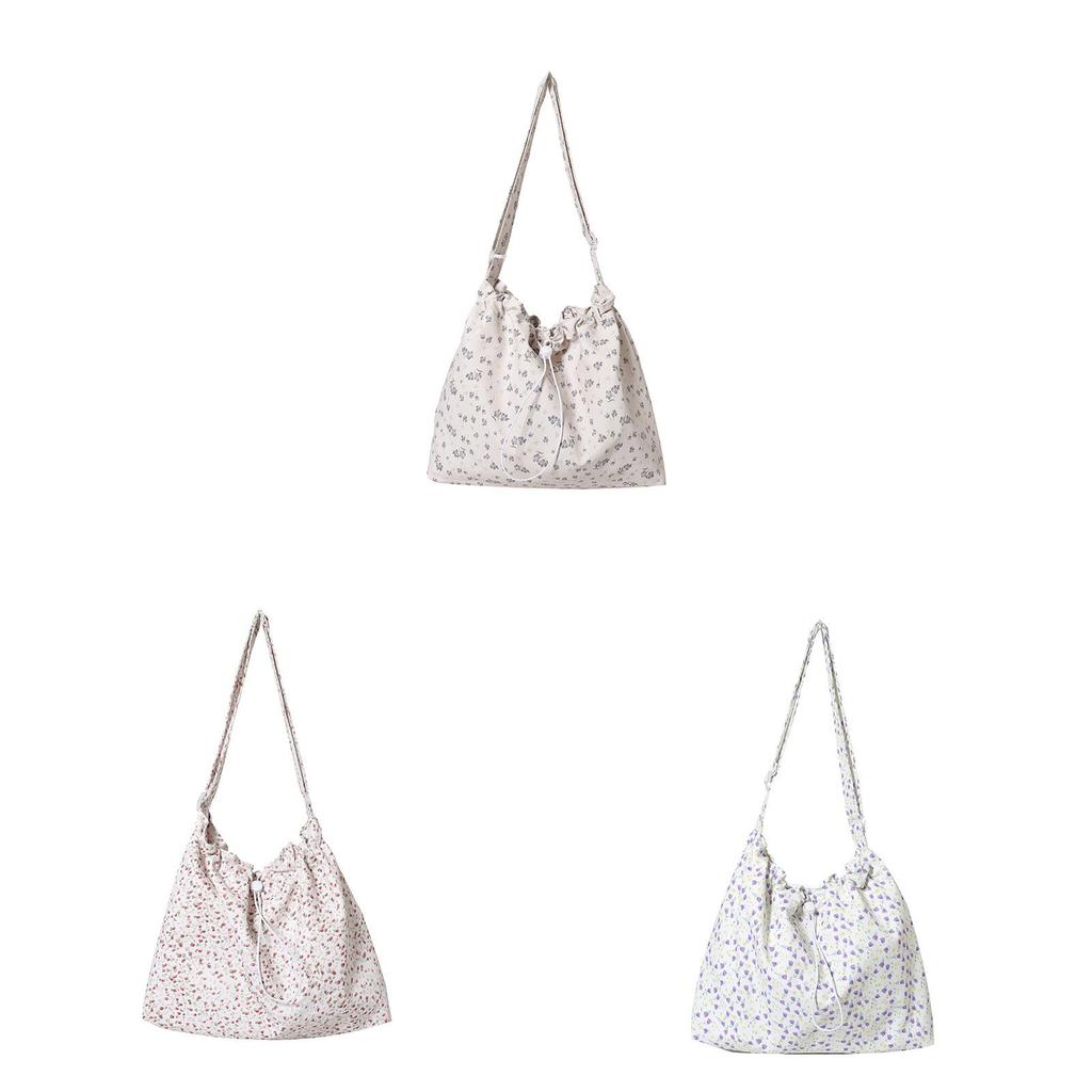 Canvas Drawstring Ruched Floral Tote Bag With Magnetic Closure For Casual Daily Use