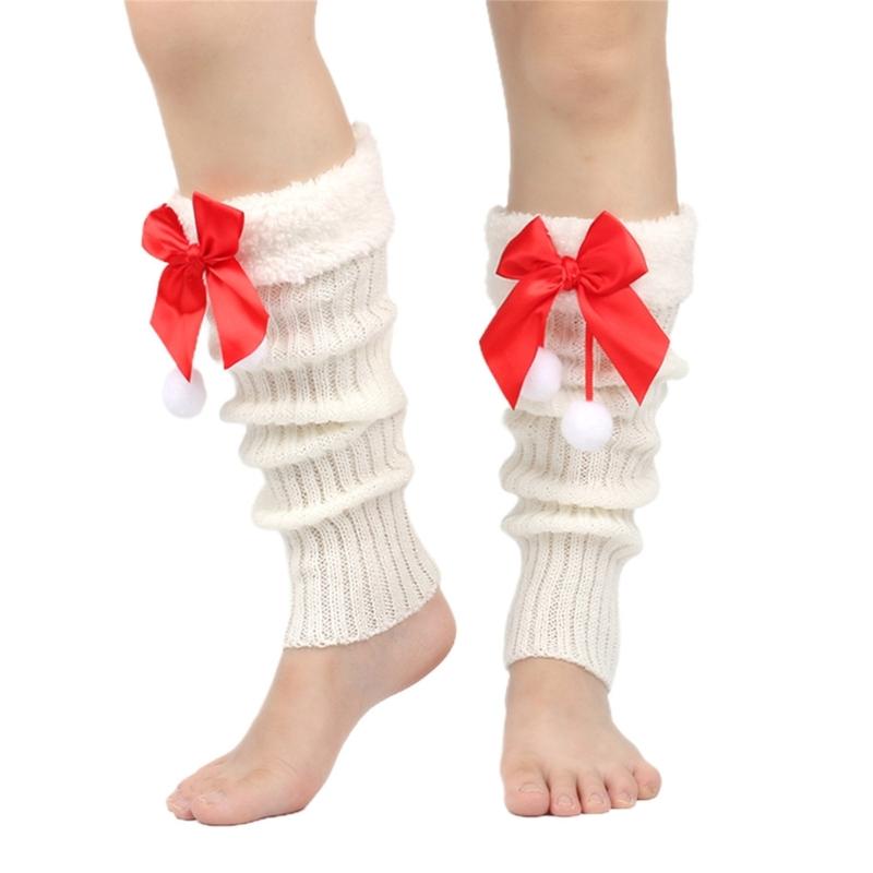 Christmas Fleece Trim Warm Leg Warmers Sweet Plush Balls Bows Knitted Boot Covers Festival Footless Socks for Women