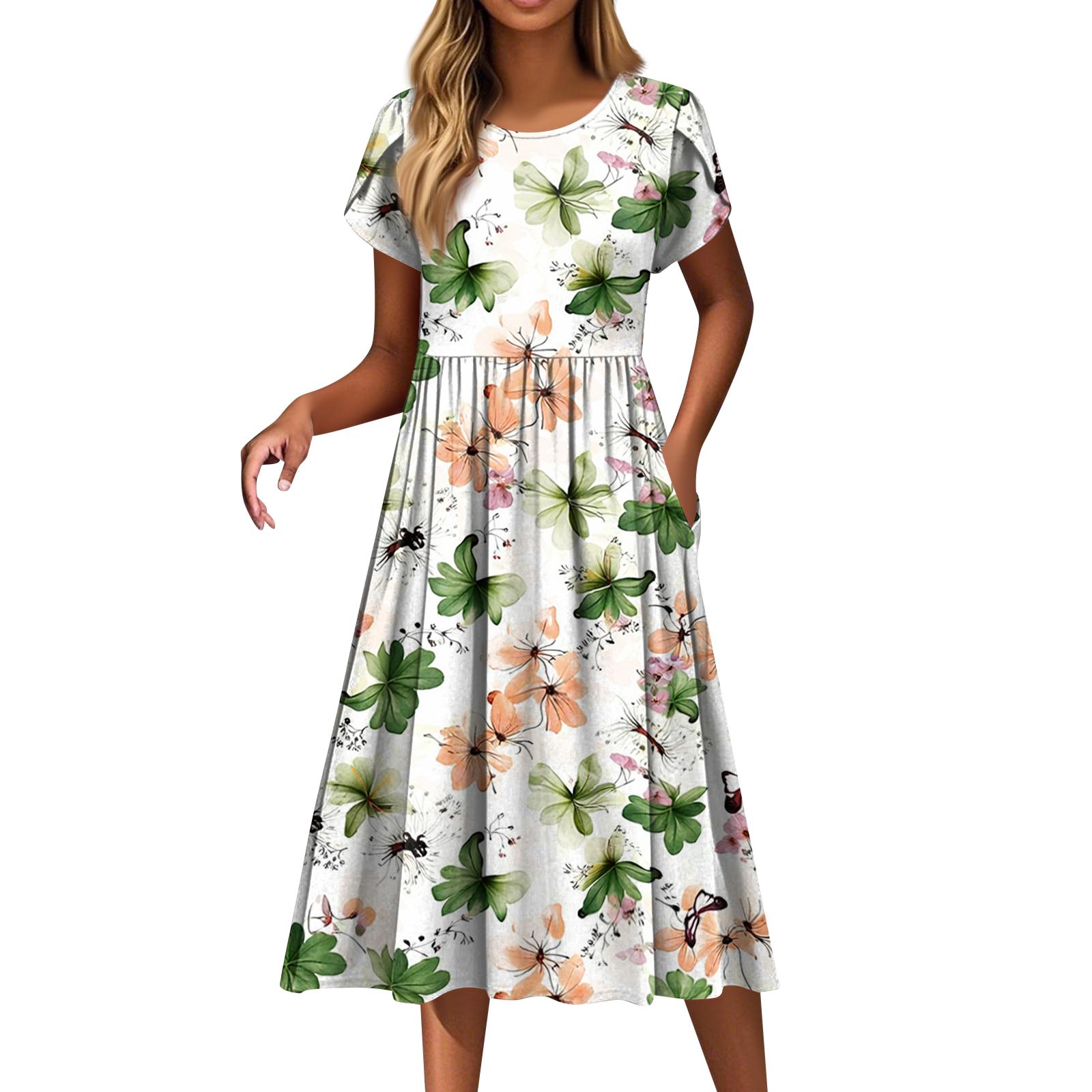 Women s Fashion Casual Loose Floral Print Round Neck Pocket Short Sleeve Dress XXL зелёный