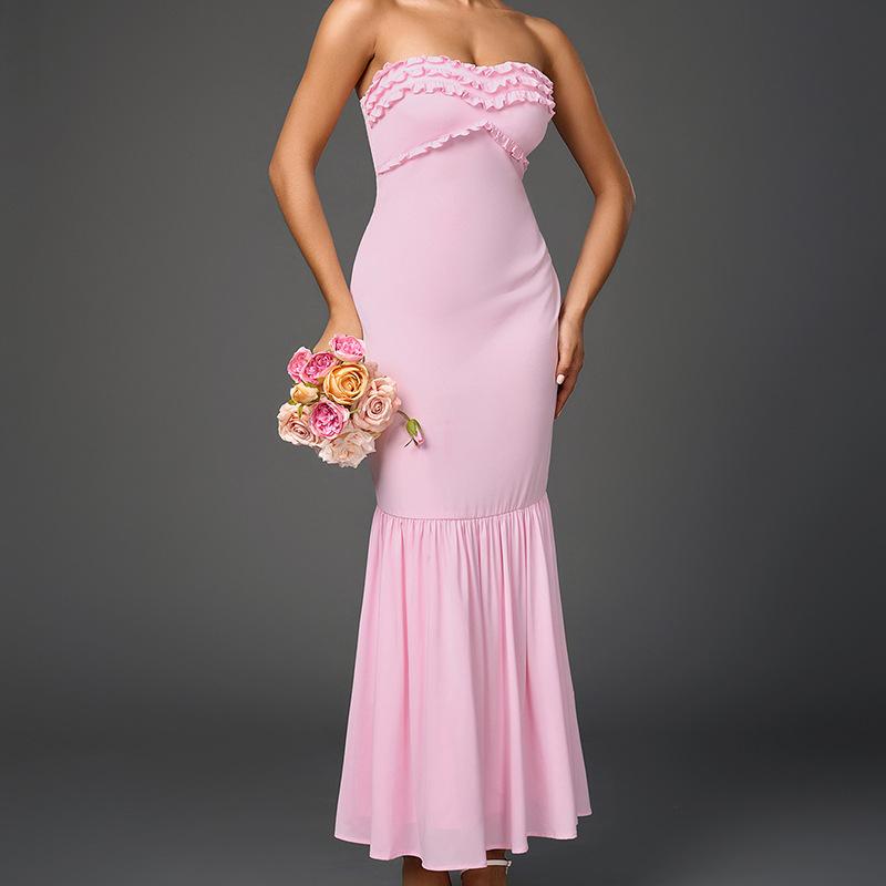 Chiffon tube top dress, European and American sexy backless fungus edge splicing hip wrap dress XS