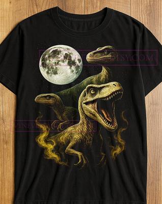 Velociraptors Under Full Moon T-Shirt, Traditional Dinosaur Illustration, Realistic Dino Graphic Tee, Vintage Wildlife Shirt, Jurassic Art