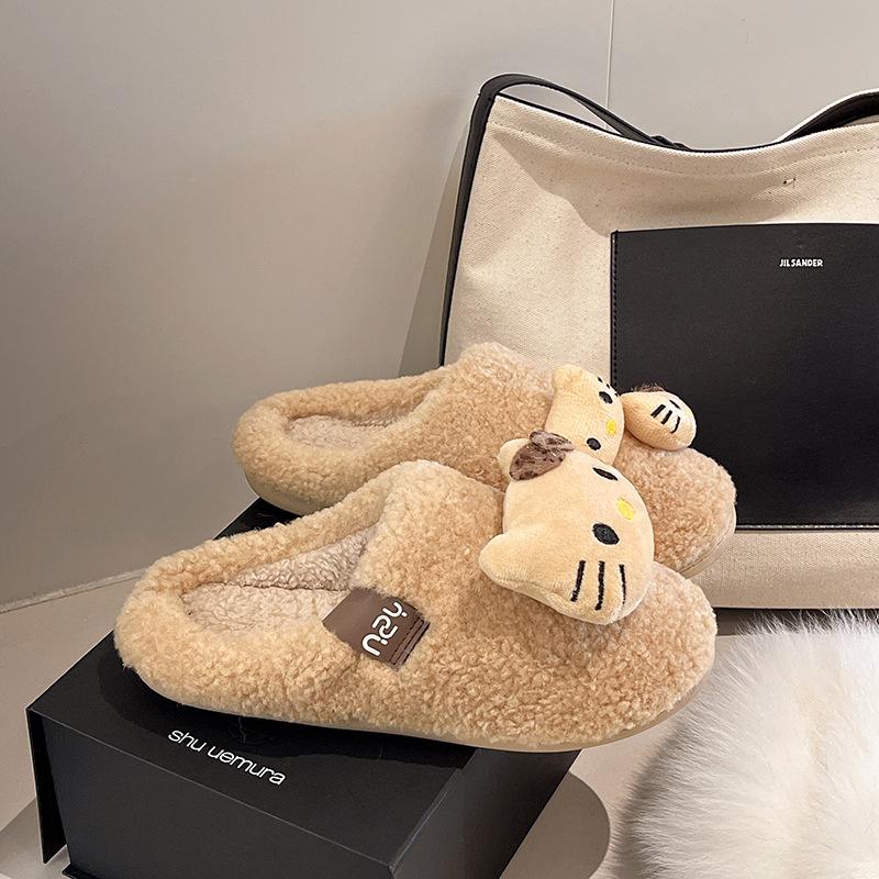Cute kitten velvet warm fluffy drag women wear 2025 winter new casual good with thick-soled bag head slippers