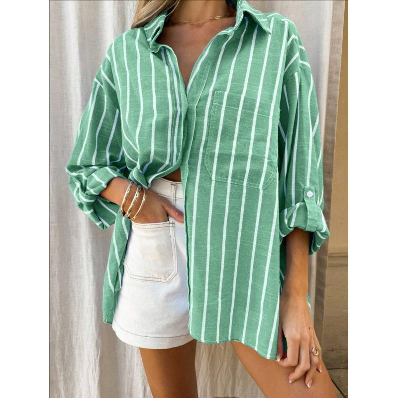 Women Striped Oversized Long Sleeve Button Down Shirt Casual Loose Top