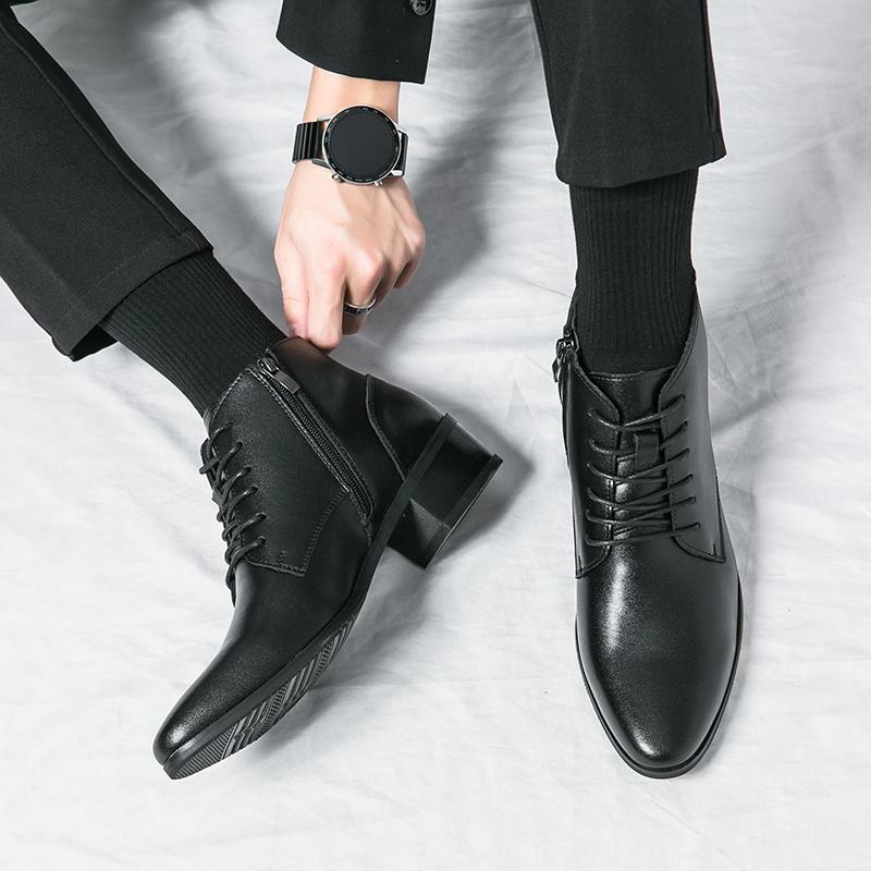 Fashion Pointed Toe Men Shoe New Male High Heels Ankle Boots Genuine Leather Men Casual Pointed Toe Shoes Side Zipper Men  Boots