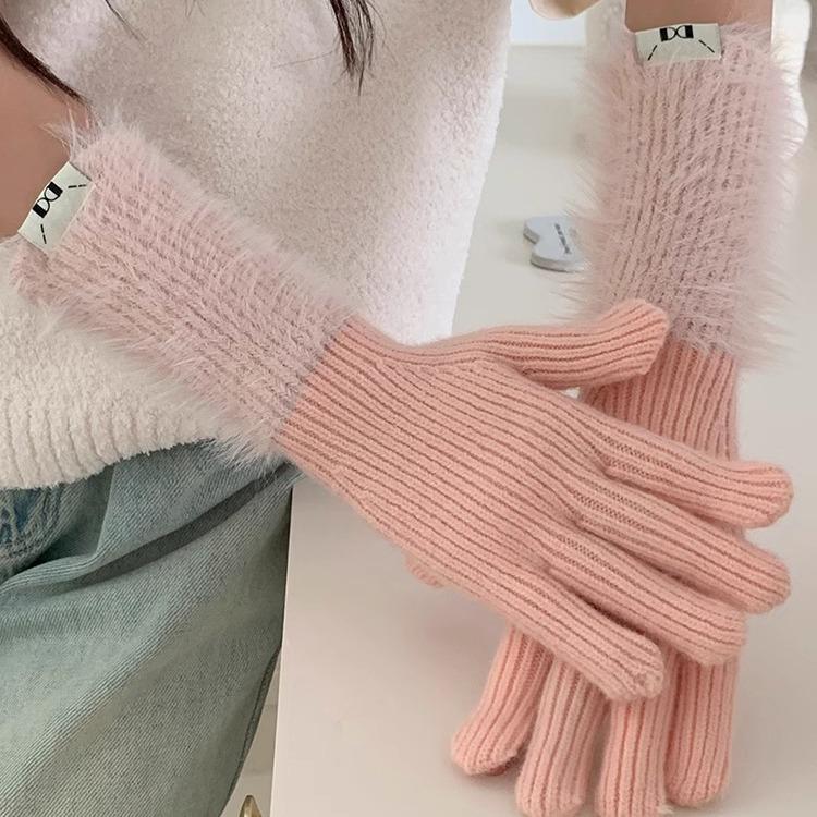 Podzimní a zimní dopaminové jednobarevné teplé pletené pětiprsté rukavice - Všestranné, roztomilé, dlouhé cyklistické návleky pro dívky