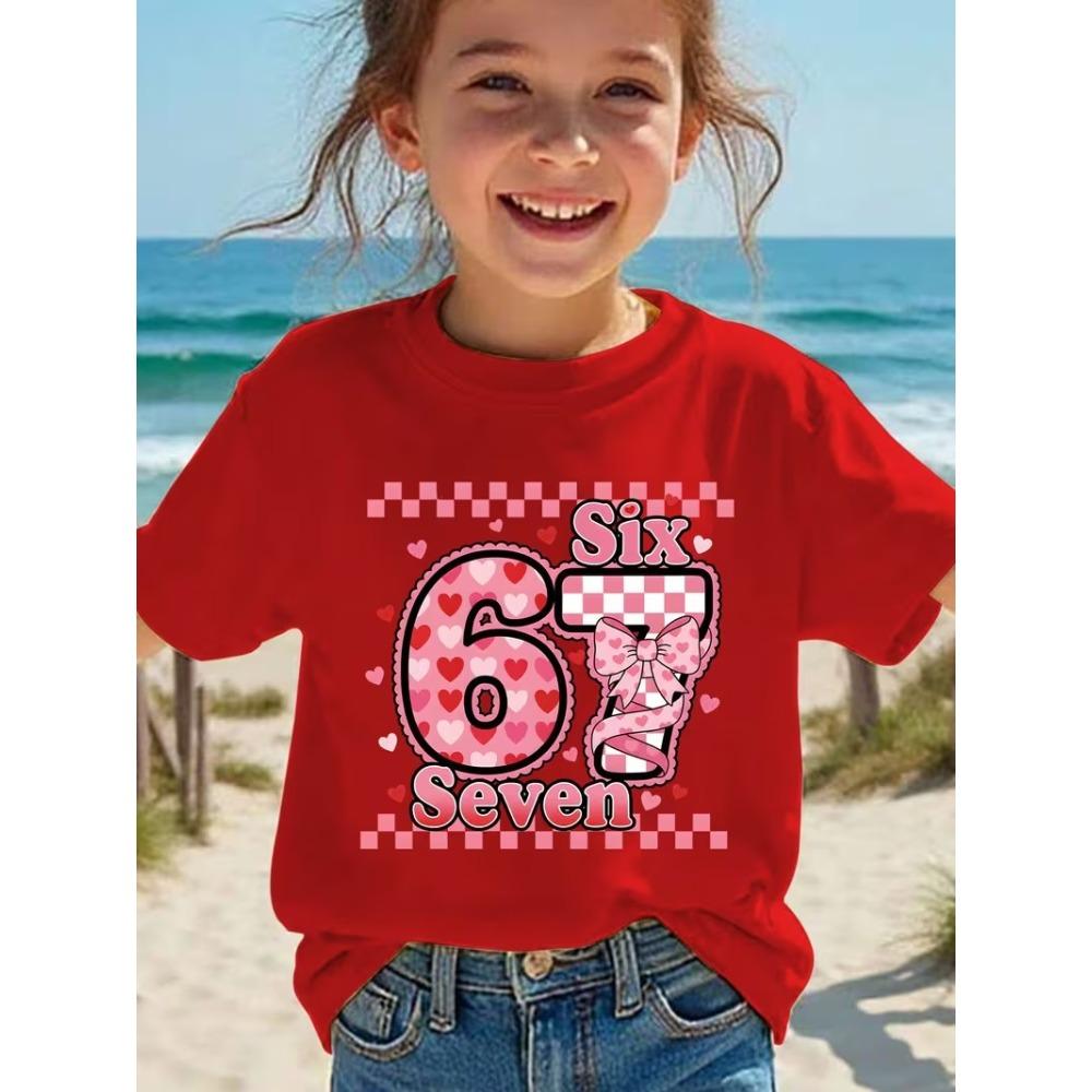 Summer Fashion Girls Cotton T-Shirt SIX SEVEN 67 Cartoon Pattern Print Kids Current Casual Top Children's Short Sleeved Shirt