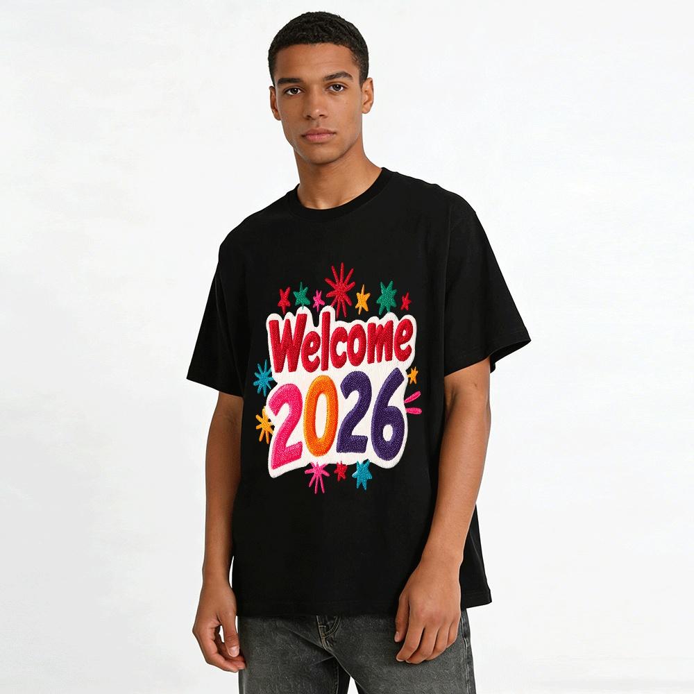Welcome 2026 New Year Themed Casual Crew Neck Graphic Tee Pure cotton T-shirt