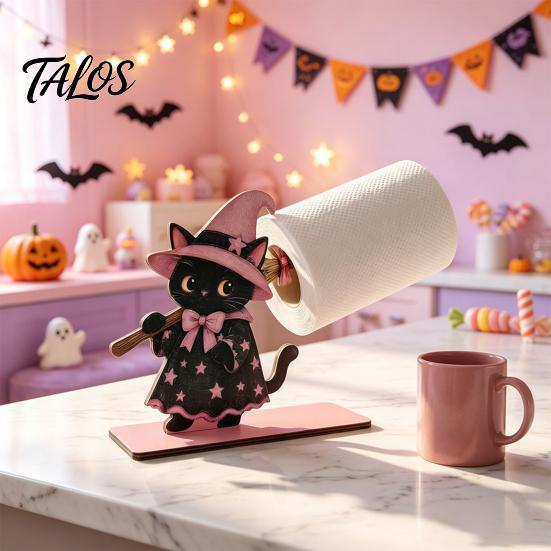 Decorative Paper Towel Rack Halloween Black Cat/Ghost Roll Holder, Wooden Vertical Stand, Stand Napkin Holder for Kitchen Table And Holiday