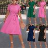 Women's Midi Length Button Down Dress with Belt, Short Sleeve Casual Flowy Dress In Pink, Green, Navy, Black
