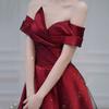 Burgundy Toast Bride 1011 New Satin Dress Women's Shoulder Fugitive Princess Evening Dress Wedding