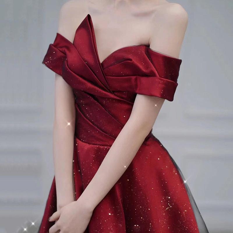 Burgundy Toast Bride 1011 New Satin Dress Women's Shoulder Fugitive Princess Evening Dress Wedding