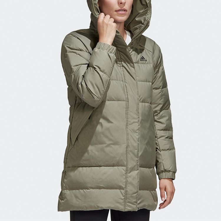 adidas Women's Olive Green Mid-Length Hooded Down Jacket GE9982