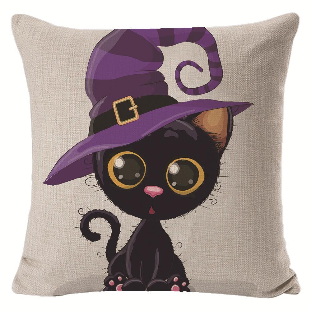 New Halloween Pillow Cartoon Cat Linen Printed Pillow Cover Nordic Funny Decorative Cushion