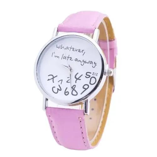 Women Whatever Im Late Anyway Letter Round Dial Faux Leather Strap Quartz Watch Fashion Letters Numbers Adjustable Women's Watch
