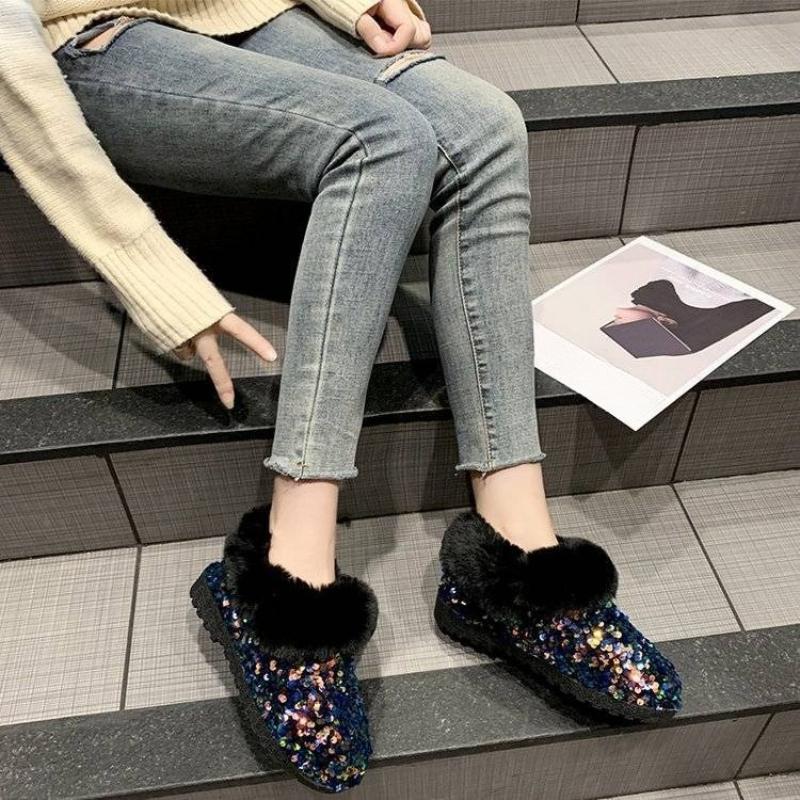 Winter Round Toe Flat Sequins Fleece-lined Woman Shoes Padded Y2k Work Furry Trend 2025 Designer Luxury Hot Snow Boots for Women