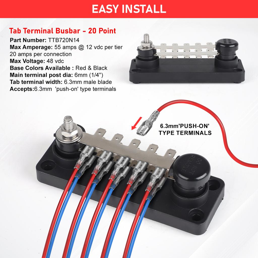 Marine Grade Tab Type Busbar -TTB710N02 20 Points 20A/55A 12V/48VDC Power Distribution Double-Layers Red/Black For Cars RV Boats