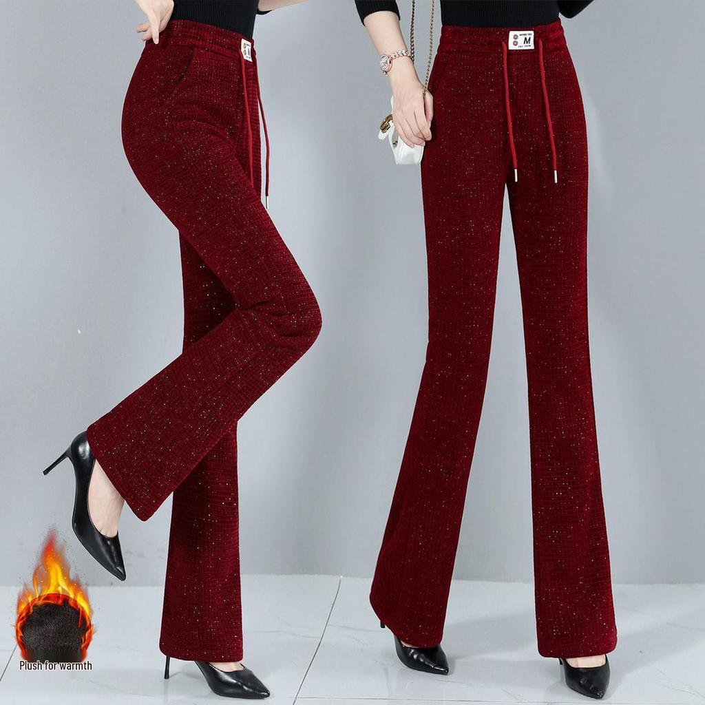 Women's High-Waisted Fleece-Lined Flared Pants - Warm, Casual, Slimming, Elastic, Versatile for Autumn/Winter