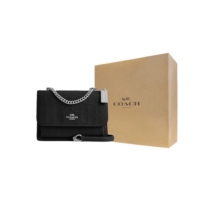 Coach Klare 22 Silbernes Metallzubehör Krokodilmuster Geprägtes Leder Crossbody Umhängetasche Kleine Damen Tasche Schwarz CC840-SVBK