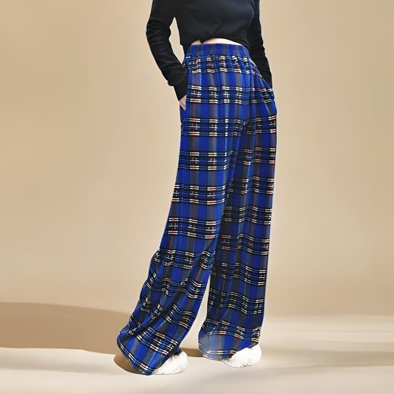 

Pleated Blue Check Thin Spring and Summer European and American Mop Pants Blue Gingham One size