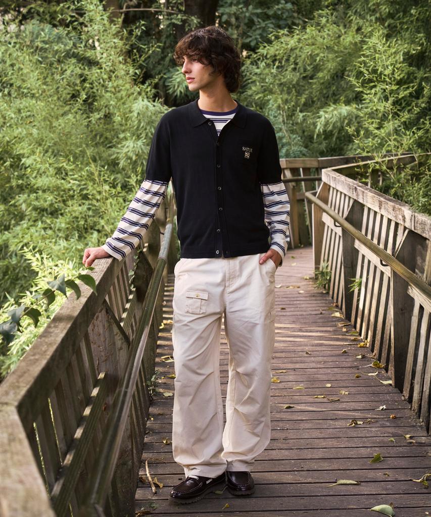 Seteo Font Embroidered Stripe Long Sleeve Navy