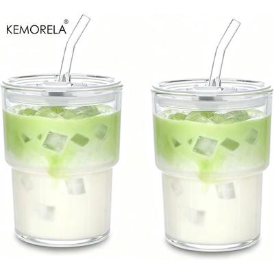 Grubościenny Szklany Kubek ze Słomką, 1/2 Sztuki Tumbler z Szczelną Pokrywką 420ML na Kawę Mrożoną Sok Herbatę Mleczną Colę Kubki Zestaw Naczyń do Napojów