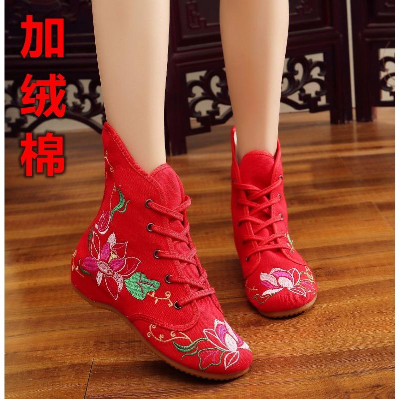 

Mid-autumn and winter new high-tube wedge heels, embroidered cloth boots, Oxford bottom women s single boots 34