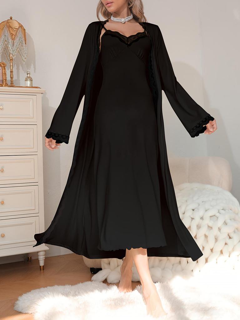 European & American Women's Thin Pajamas Set: Sexy Lace Camisole Robe Nightgown