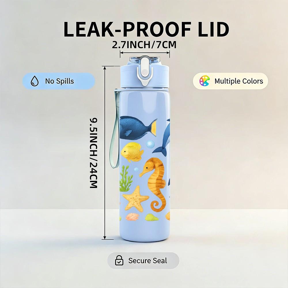 1 Stück Ozean Meeres Tier Muster 750ml Farbe Kunststoff Sport Wasserflasche Auslaufsicher Klappdeckel mit Strohhalm Geeignet für Sport Büro Zuhause