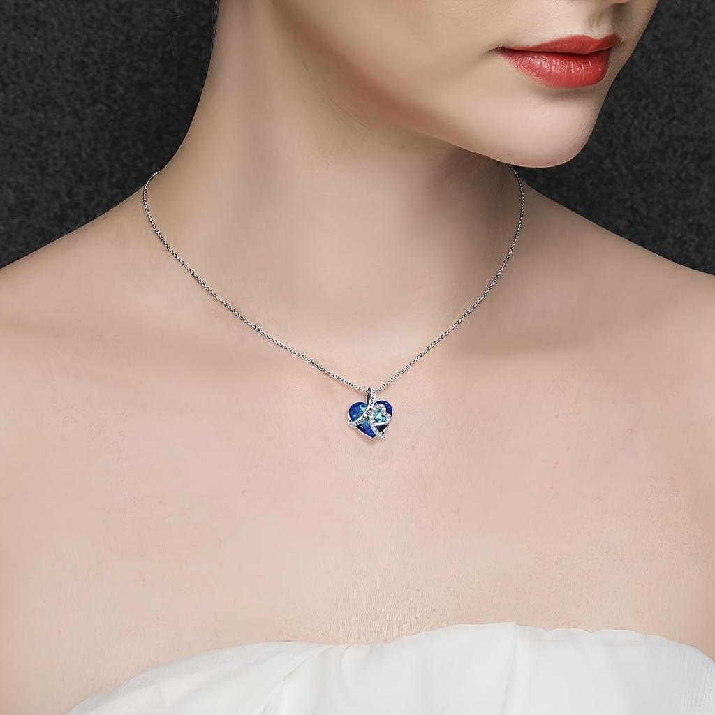 [Pinannie] 925 Sterling Silver Heart-Shaped Blue Crystal Necklace with "I Love You Forever" Engraving - Women's Pendant with Zirconia Decoration -