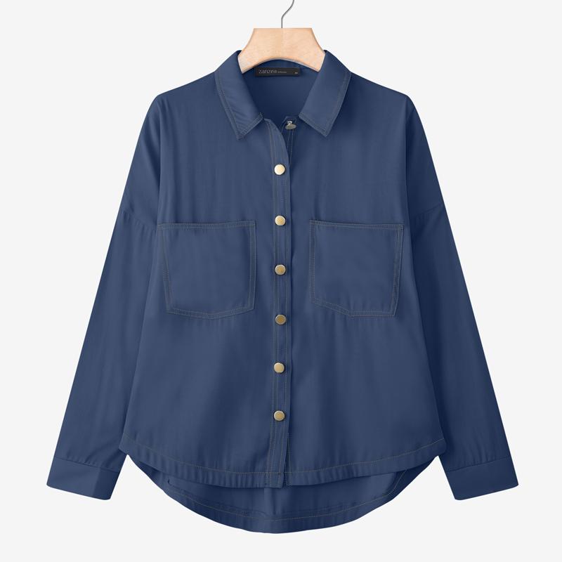 

ZANZEA Женская повседневная блузка с отложным воротником и длинными рукавами 3XL темно-синий