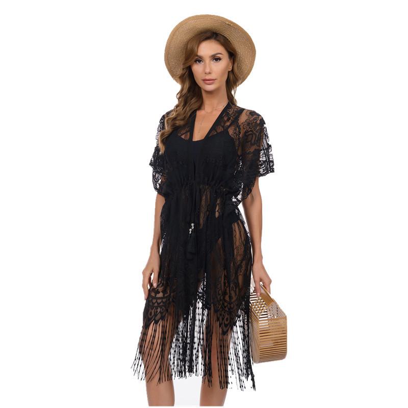Copricostume da Donna con Nappe Sarong da Spiaggia Vestito Lungo da Spiaggia Pizzo Floreale Kimono Bikini Copricostume