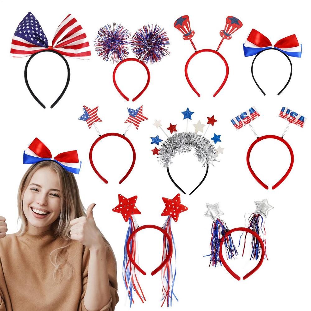 4th Of July Headbands For Women 9X Red White Blue Patriotic Hair Hoop US Flag Headwear Photo Props For Adults And Children