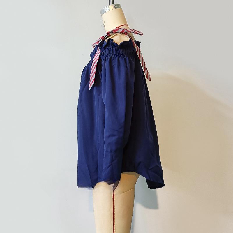 One-line Shoulder Striped Bow Shirt Women's Spring Loose Ruffled Top