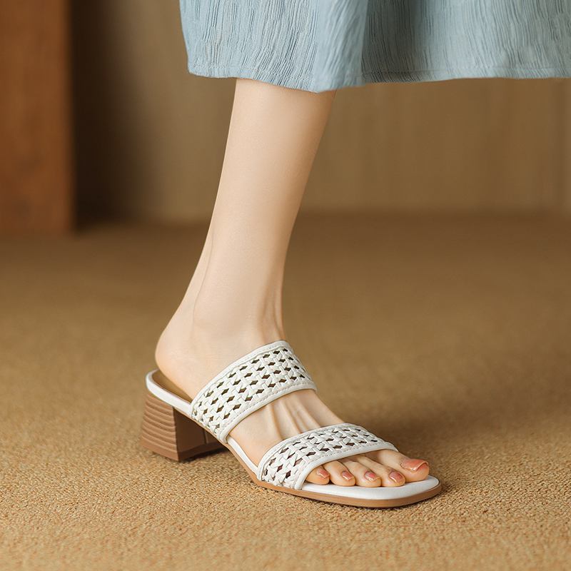 Krazing Pot Klapki z naturalnej skóry z odkrytymi palcami na średnim obcasie, buty letnie, dekoracja pleciona w stylu rzymskim, sandały damskie