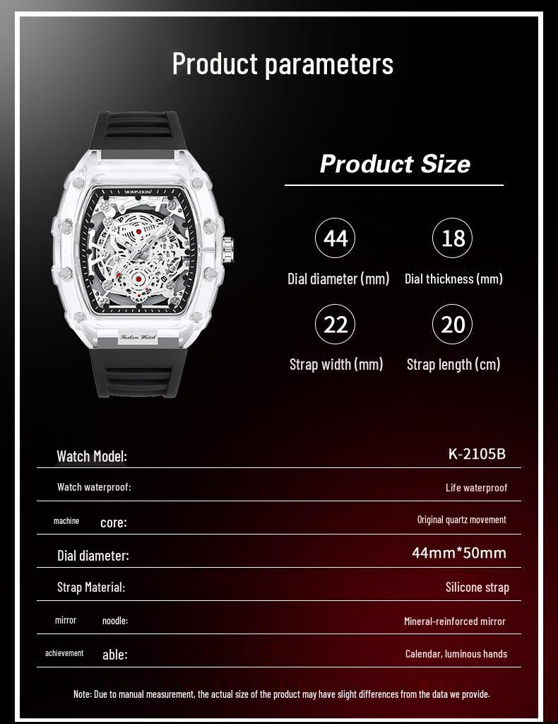 Men's Transparent Barrel-Shaped Quartz Waterproof Wristwatch