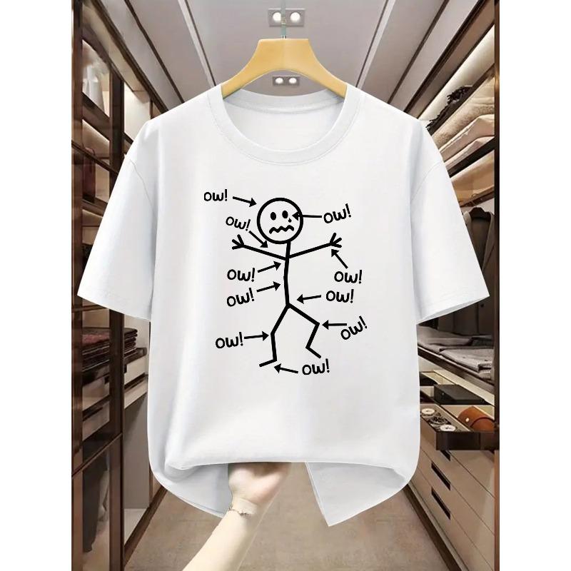 

European Size Comfortable Short-Sleeved T-Shirt for Summer with a Round Neck, Featuring a Stick Figure in Pain with The Print Ow! S белый
