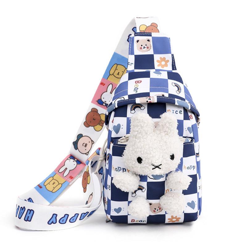 Trendy Checkerboard Nylon Children's Backpack Adorable Cartoon Doll Bag For Kids
