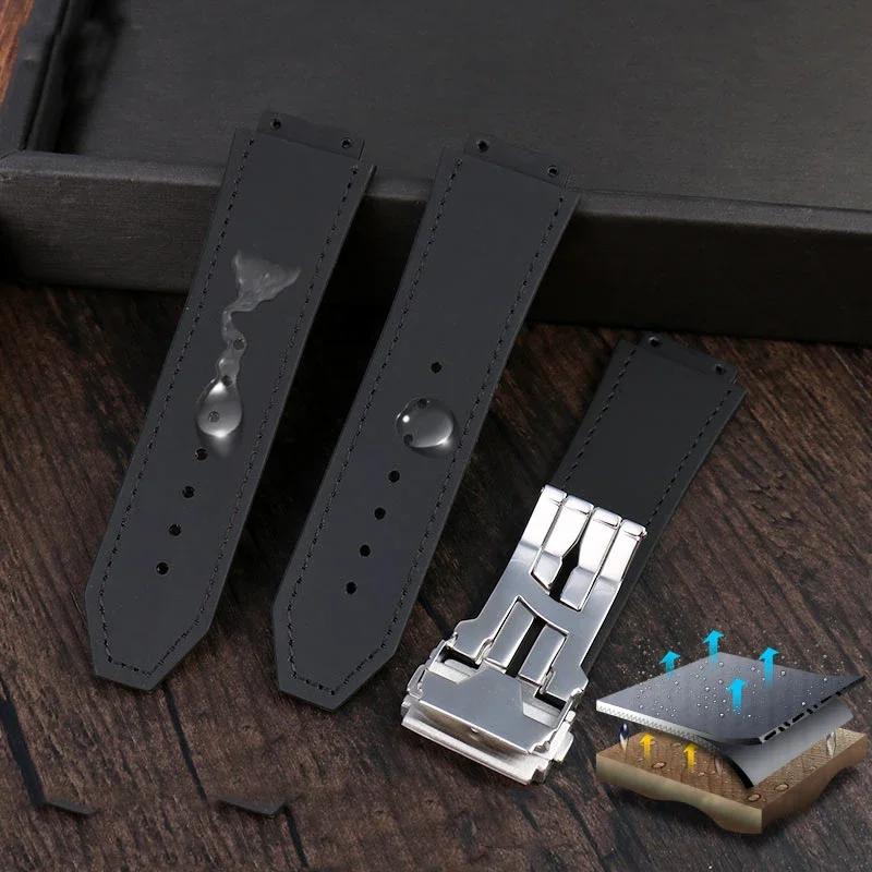 26*19mm Real Cow Leather Rubber Watchband for HUBLOT Classic Fusion Universe Big Bang Series Men belt Watch band butterfly Buckl