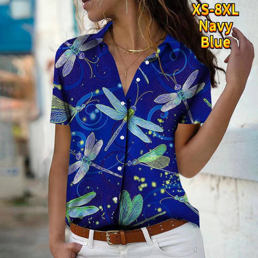 2025 Léto Nová Móda Dámská Květinová Krátký Rukáv Výstřih do V Ležérní Halenka s Knoflíky