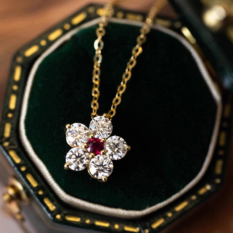 Flower Pendant Necklace, Pink/red Center Zircon
