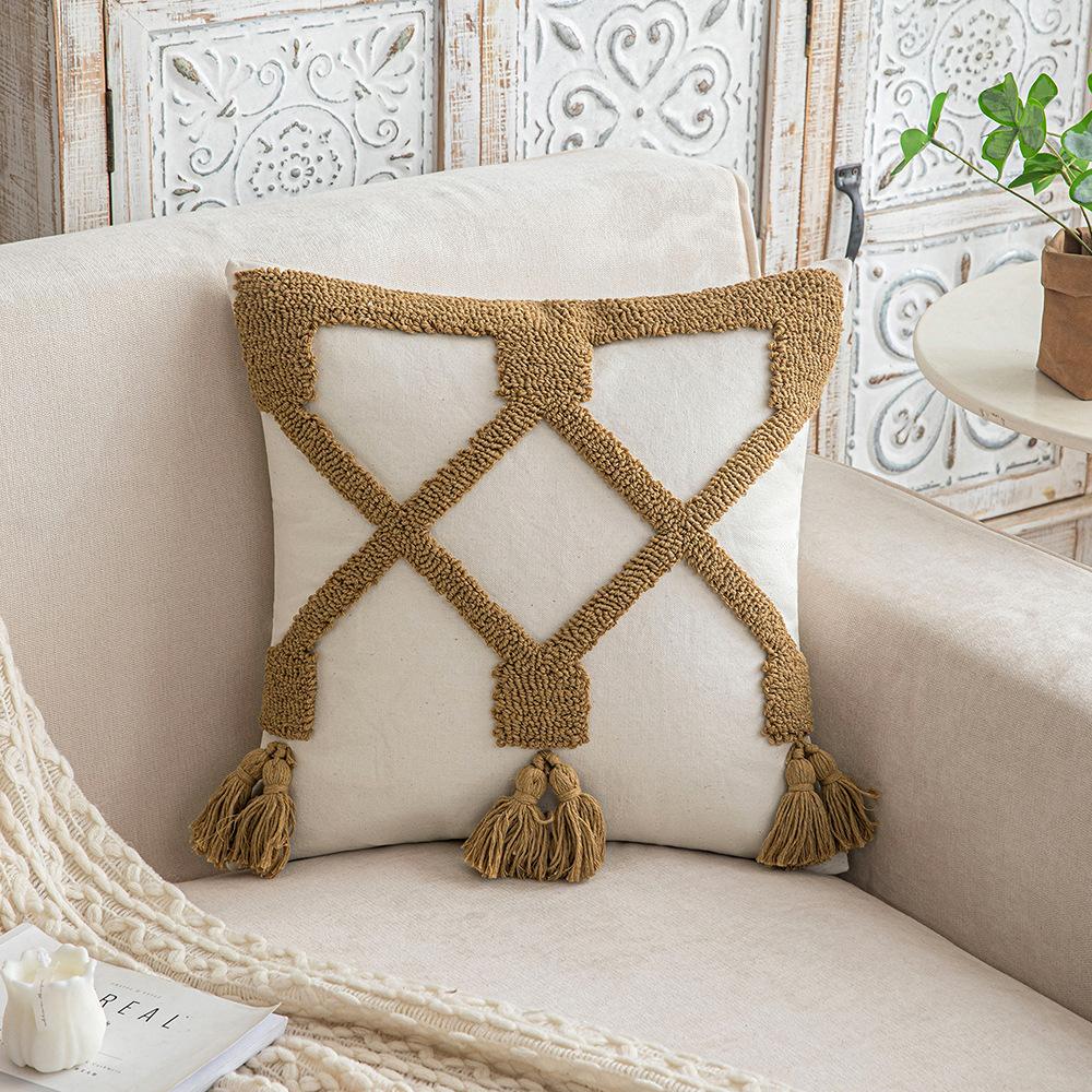 Wasabi Tufted Pillow Case Geometric Embroidered Tassel Sofa Cushion Case Bohemian Bathroom Windows Pillow Premium