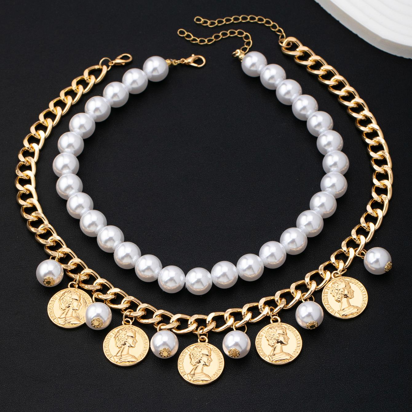 Coin Pearl Pendant Beaded Stacked Necklace Set Ladies Daily Necklace Set