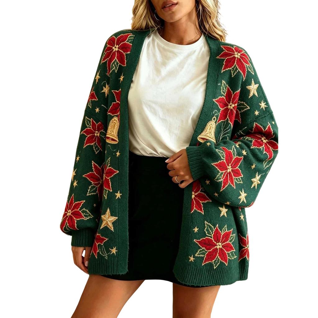 Women's Floral Print Loose Fit Cardigan Long Sleeve Casual Outerwear with Double Buttons
