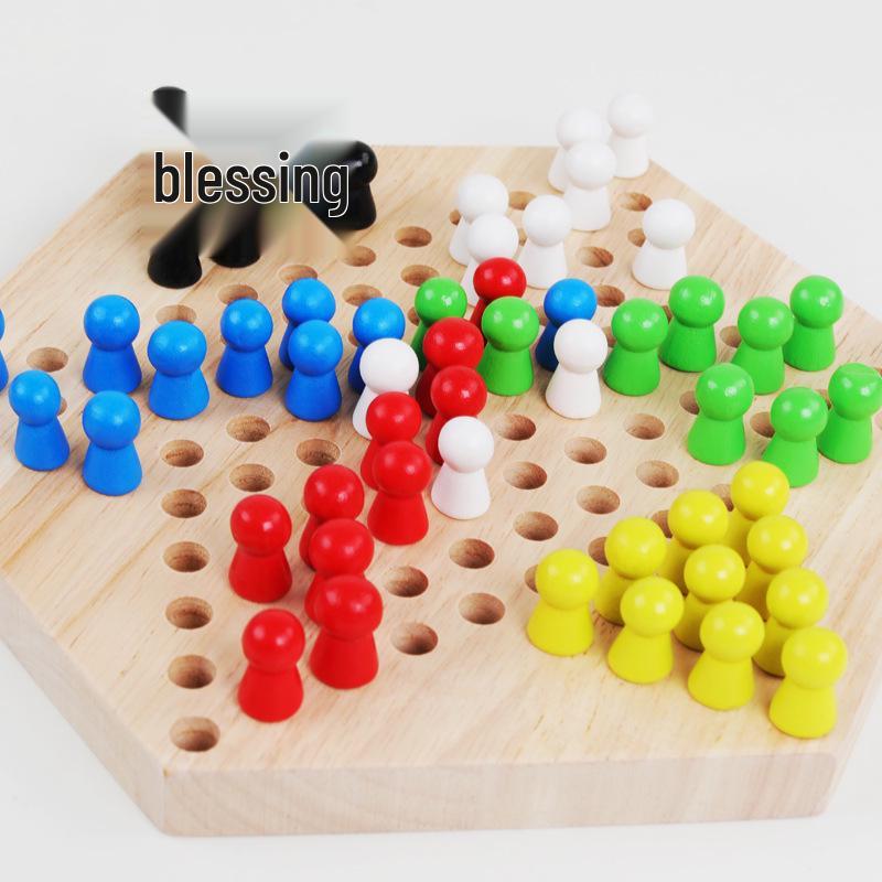 Wooden Hexagonal Children's Checkers Game: Interactive Educational Toy for Boys & Girls Ages 3-6