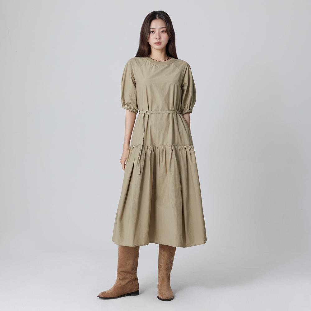Rap Round Neck Shirred Belted Long Dress Ar3Wo861