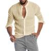 Plus Size Men's Spring and Summer Comfortable Long Sleeve Linen Top Solid Buttoned Stand Collar Loose Shirt