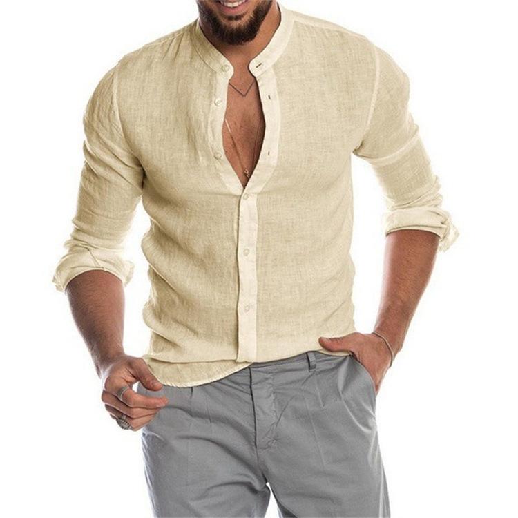 Plus Size Men's Spring and Summer Comfortable Long Sleeve Linen Top Solid Buttoned Stand Collar Loose Shirt