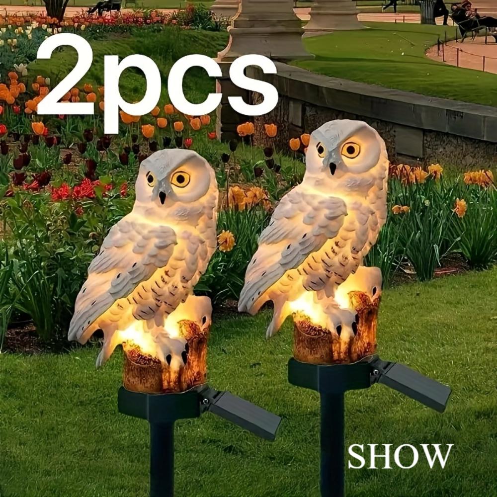 Pack of 2, solar owl resin lawn light, parrot resin light, garden fun decoration light, suitable for garden, flower bed, courtyard, lawn